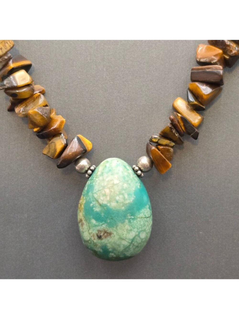 Vintage Sterling Silver Turquoise Pendant Tigers Eye Nugget Choker Necklace 14" - Picture 3 of 10